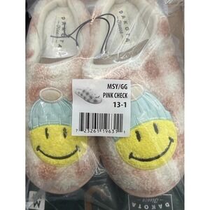 DAKOTA FLEECE Girl's Smiley Cozy Comfort Pink Checkered Slippers, Size 13-1 NWT
